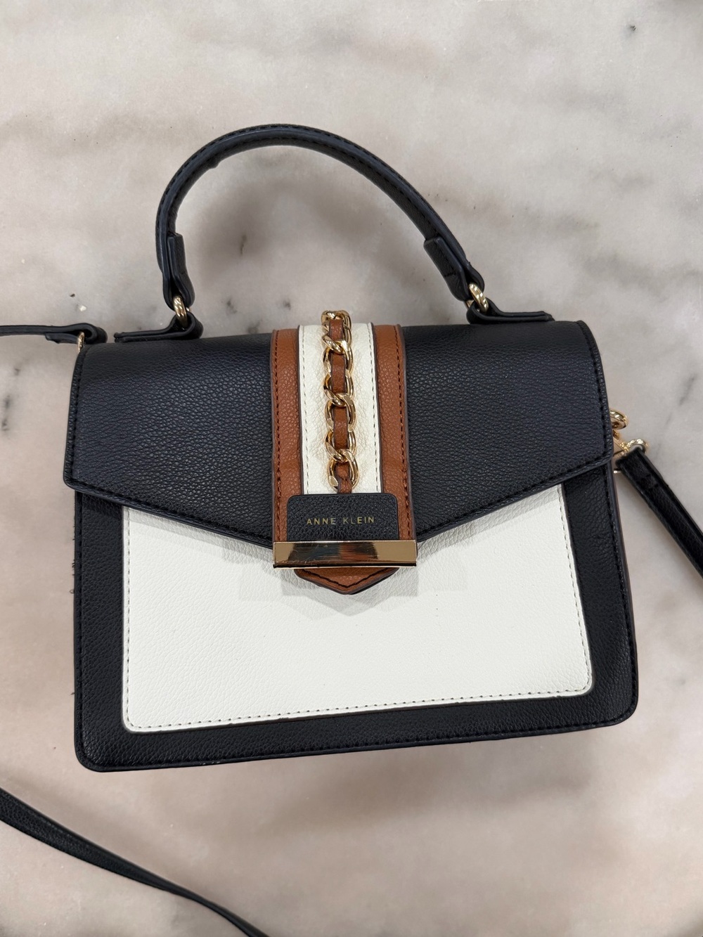 Anne Klein Black White and Brown Top-Handle Satchel with Gold Chain Detail